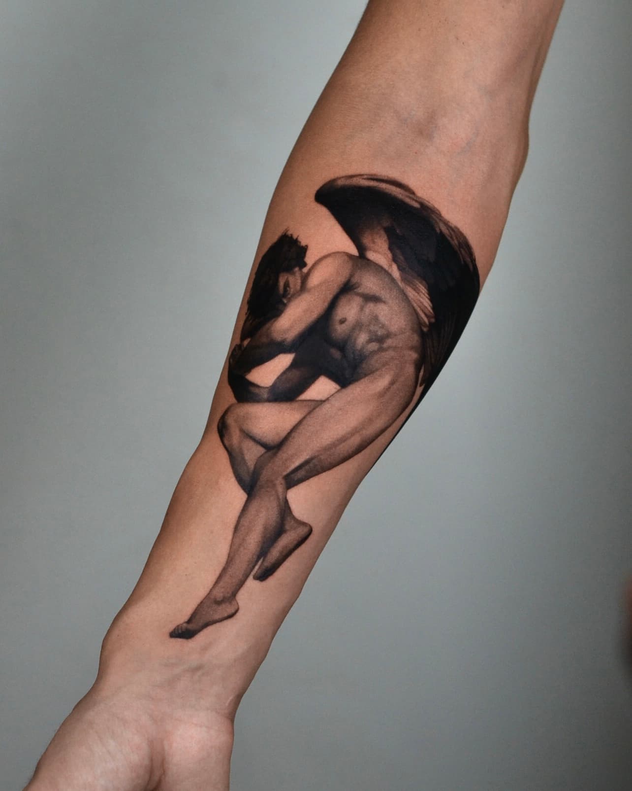 Large black and grey Justice back tattoo by Tonymontattoo