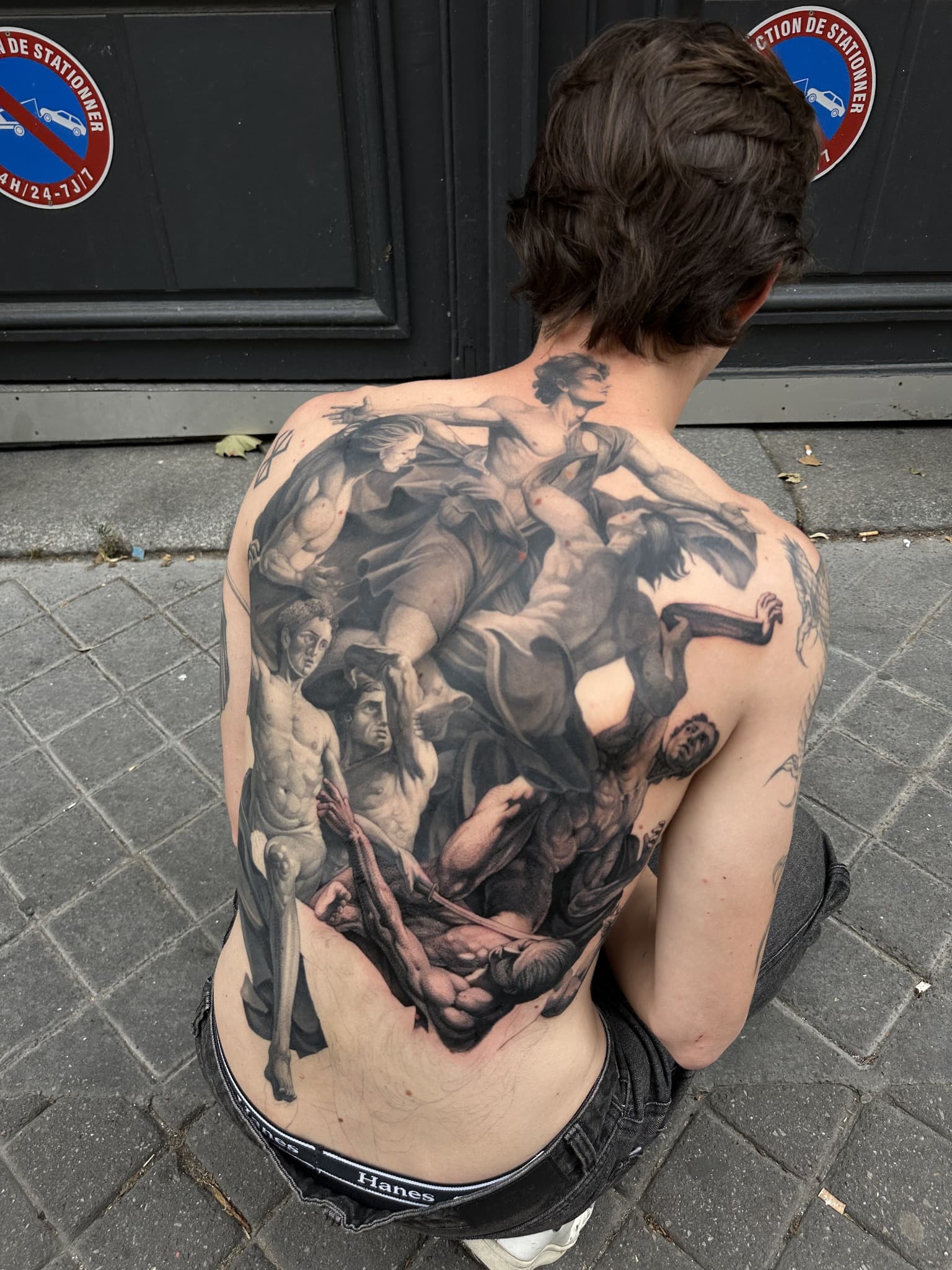 Large black and grey classical back piece by Tonymontattoo